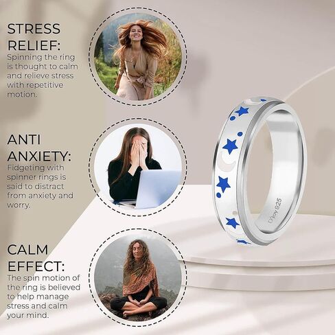 925 Sterling Silver Blue & White Enamel Moon Star Anxiety Spinner Ring for Women Platinum Plated Boho Wedding Anniversary Fidget Stress Relieving Band Ring for Men Size 5 Birthday Gifts for Women in Saudi Arabia