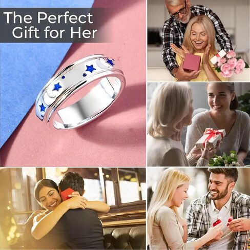 925 Sterling Silver Blue & White Enamel Moon Star Anxiety Spinner Ring for Women Platinum Plated Boho Wedding Anniversary Fidget Stress Relieving Band Ring for Men Size 5 Birthday Gifts for Women in Saudi Arabia