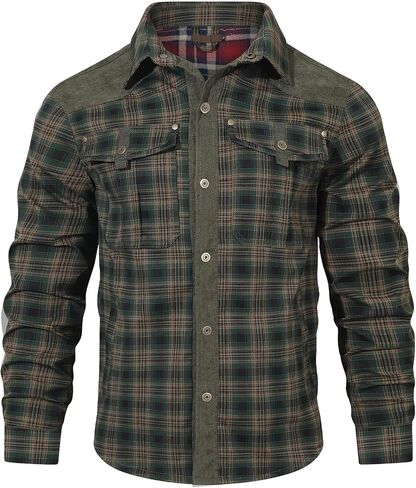 ALSOGO Men's Flannel Lined Shirt Jacket Lightweight Long Sleeved Casual Snap Button Western Cowboy Jackets in Kuwait
