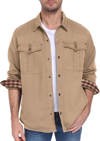 ALSOGO Men's Flannel Lined Shirt Jacket Lightweight Long Sleeved Casual Snap Button Western Cowboy Jackets in Kuwait