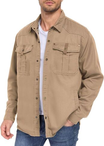 ALSOGO Men's Flannel Lined Shirt Jacket Lightweight Long Sleeved Casual Snap Button Western Cowboy Jackets in Kuwait