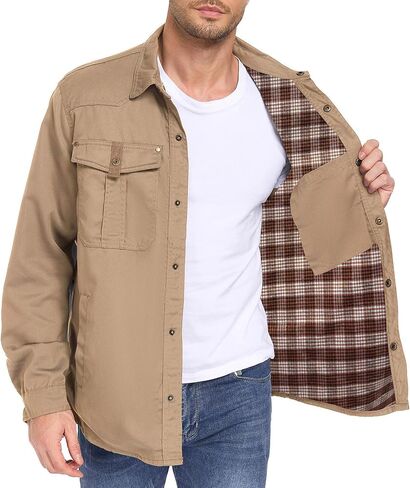 ALSOGO Men's Flannel Lined Shirt Jacket Lightweight Long Sleeved Casual Snap Button Western Cowboy Jackets in Kuwait