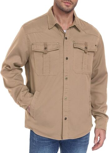 ALSOGO Men's Flannel Lined Shirt Jacket Lightweight Long Sleeved Casual Snap Button Western Cowboy Jackets in Kuwait