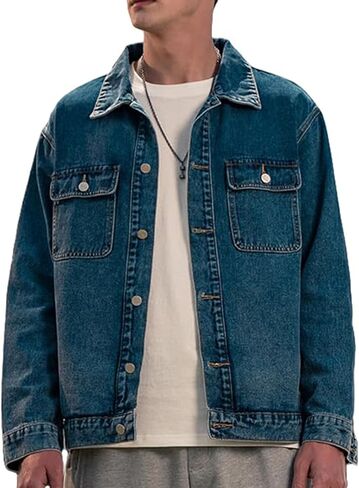 Denim Jacket Men Vintage Autumn and Winter Tops Mens Denim Trucker Jacket Black Small in Saudi Arabia