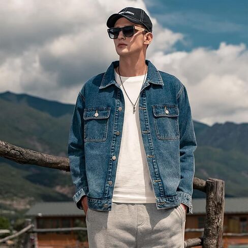 Denim Jacket Men Vintage Autumn and Winter Tops Mens Denim Trucker Jacket Black Small in Saudi Arabia