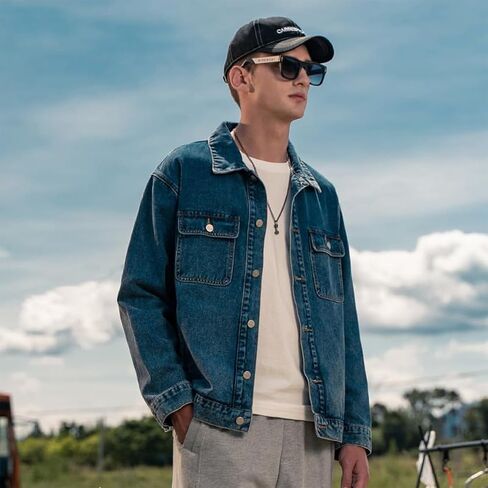 Denim Jacket Men Vintage Autumn and Winter Tops Mens Denim Trucker Jacket Black Small in Saudi Arabia