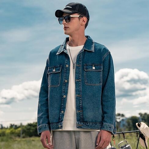 Denim Jacket Men Vintage Autumn and Winter Tops Mens Denim Trucker Jacket Black Small in Saudi Arabia