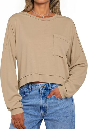Tankaneo Womens Cropped Long Sleeve Shirts Trendy Casual Boxy Fall Tops Loose Fit Crew Neck Tees T-Shirt in Saudi Arabia