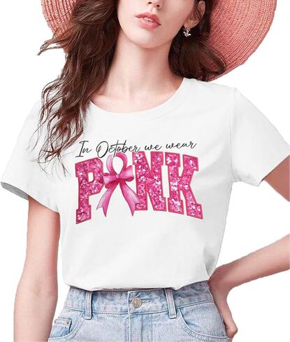 Breast Cancer Awareness Shirt Women in October We Wear Pink Ghost Shirts Pink Ribbon Short Sleeve Tee Tops in Saudi Arabia