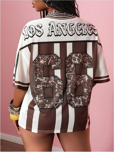 تي شيرت نسائي من الجيرسيه برسوم جرافيكية مخططة بنصف كم ورقبة على شكل حرف V وفضفاض كاجوال in Kuwait