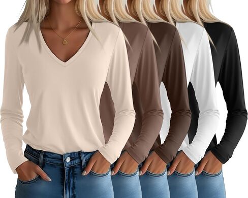 Huukeay 5 Pack Women's T-Shirts V Neck Long Sleeve Tops Casual Loose Fit Layering Shirts Flat Hem Basic Plain Work Tees in Saudi Arabia