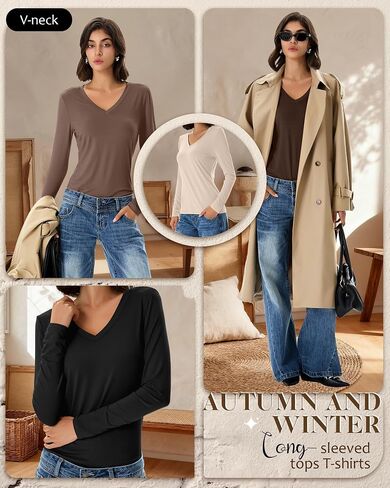 Huukeay 5 Pack Women's T-Shirts V Neck Long Sleeve Tops Casual Loose Fit Layering Shirts Flat Hem Basic Plain Work Tees in Saudi Arabia