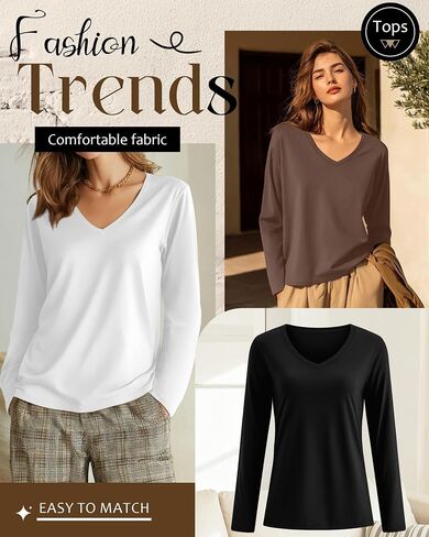 Huukeay 5 Pack Women's T-Shirts V Neck Long Sleeve Tops Casual Loose Fit Layering Shirts Flat Hem Basic Plain Work Tees in Saudi Arabia