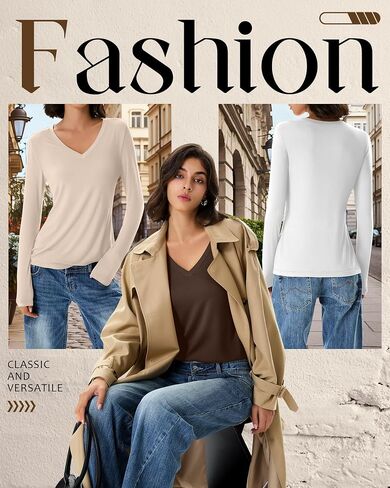 Huukeay 5 Pack Women's T-Shirts V Neck Long Sleeve Tops Casual Loose Fit Layering Shirts Flat Hem Basic Plain Work Tees in Saudi Arabia