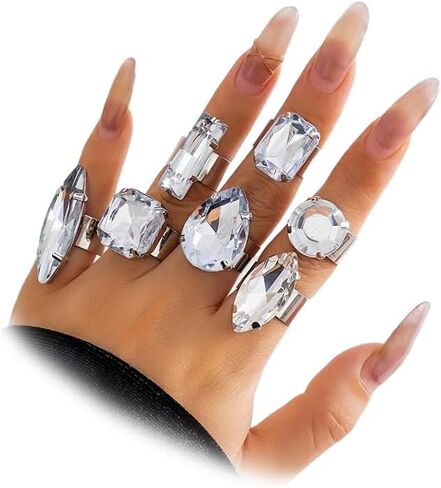 Sparkly Silver Chunky Crystal Rings Set for Women, Statement Bling Geometric Rhinestone Oval Square Teardrop Knuckle Finger Open Ring Party Prom Jewelry in Saudi Arabia