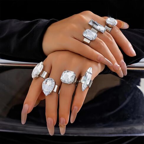 Sparkly Silver Chunky Crystal Rings Set for Women, Statement Bling Geometric Rhinestone Oval Square Teardrop Knuckle Finger Open Ring Party Prom Jewelry in Saudi Arabia