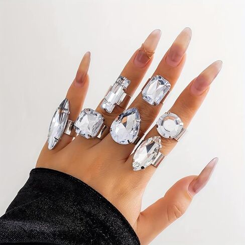 Sparkly Silver Chunky Crystal Rings Set for Women, Statement Bling Geometric Rhinestone Oval Square Teardrop Knuckle Finger Open Ring Party Prom Jewelry in Saudi Arabia