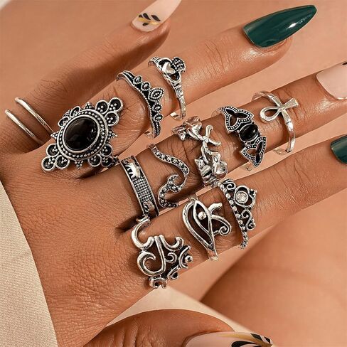 PINK TOWN Gothic Halloween Knuckle Ring Set for Women,Vintage Punk Skull/Spider/Bat/Heart Stackable Finger Rings Bohemian Hollow Carved Midi Rings Halloween Party Costume Accessories in Saudi Arabia