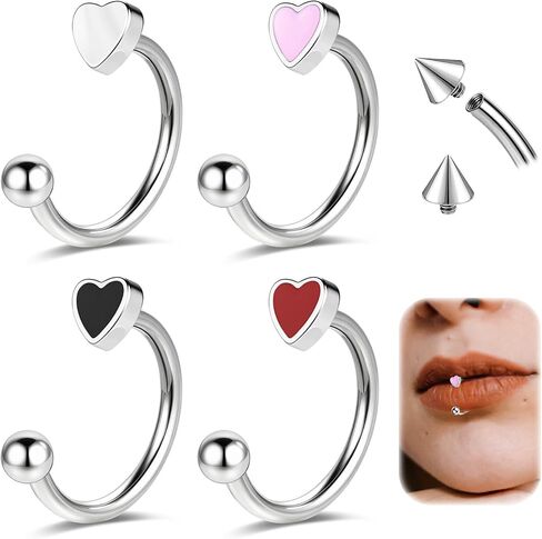 ZS 4Pcs Stainless Steel Heart Lip Rings Hoops Piercing, 16G C-shape U-shape Lip Rings, Internally Threaded Cartilage Helix Daith Earrings Jewelry for Women Men in Kuwait