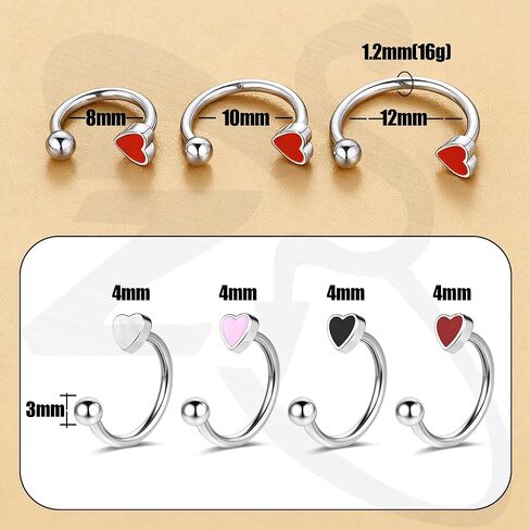 ZS 4Pcs Stainless Steel Heart Lip Rings Hoops Piercing, 16G C-shape U-shape Lip Rings, Internally Threaded Cartilage Helix Daith Earrings Jewelry for Women Men in Kuwait