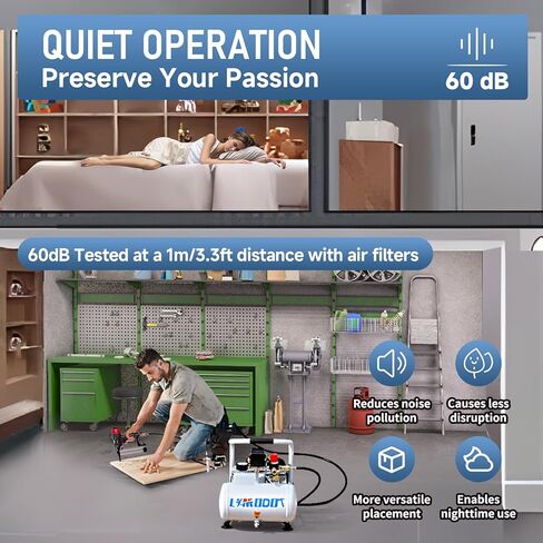 Air Compressor, Ultra Quiet Air Compressor, Only 68dB, 6 Gallon Durable Steel Air Tank, 4.2CFM @ 90PSI, Oil-Free, Ideal For Shop, Garage, Car, Pneumatic Tool, 1.7 HP in Kuwait