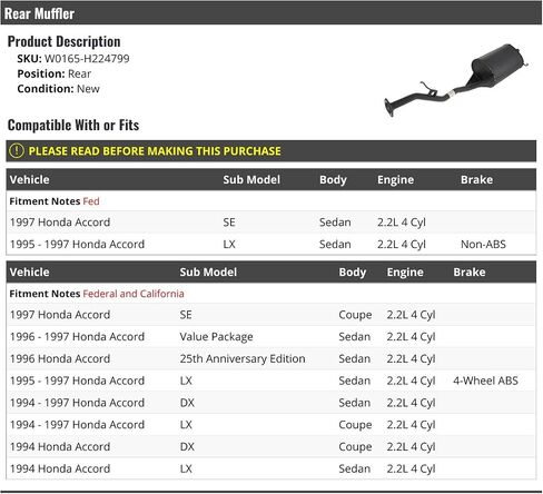 Rear Muffler - Compatible with 1994-1997 Honda Accord 2.2L 4-Cylinder in Saudi Arabia