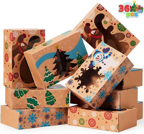 JOYIN 12PC Christmas Cookie Boxes for Gift Giving, 8.5" x 5.75" x 2.75" Holiday Treats Cookie Tins with Window, 3 Designs Brown Foiled Kraft Bakery Boxes for Pastries, Cupcakes, Brownies, Doughnut in Kuwait
