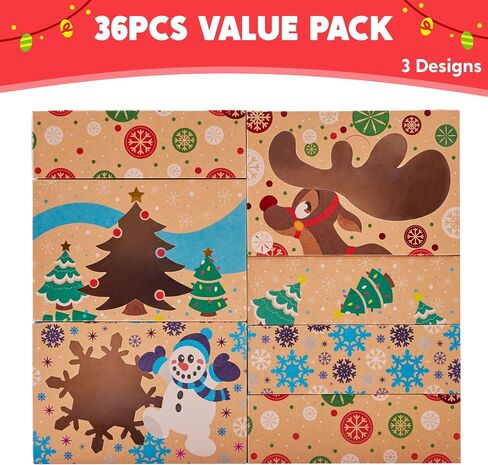 JOYIN 12PC Christmas Cookie Boxes for Gift Giving, 8.5" x 5.75" x 2.75" Holiday Treats Cookie Tins with Window, 3 Designs Brown Foiled Kraft Bakery Boxes for Pastries, Cupcakes, Brownies, Doughnut in Kuwait