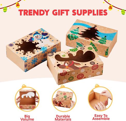 JOYIN 12PC Christmas Cookie Boxes for Gift Giving, 8.5" x 5.75" x 2.75" Holiday Treats Cookie Tins with Window, 3 Designs Brown Foiled Kraft Bakery Boxes for Pastries, Cupcakes, Brownies, Doughnut in Kuwait