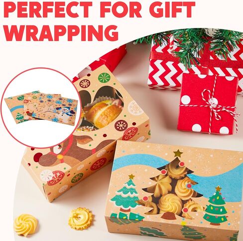 JOYIN 12PC Christmas Cookie Boxes for Gift Giving, 8.5" x 5.75" x 2.75" Holiday Treats Cookie Tins with Window, 3 Designs Brown Foiled Kraft Bakery Boxes for Pastries, Cupcakes, Brownies, Doughnut in Kuwait