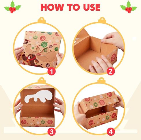 JOYIN 12PC Christmas Cookie Boxes for Gift Giving, 8.5" x 5.75" x 2.75" Holiday Treats Cookie Tins with Window, 3 Designs Brown Foiled Kraft Bakery Boxes for Pastries, Cupcakes, Brownies, Doughnut in Kuwait