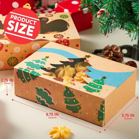 JOYIN 12PC Christmas Cookie Boxes for Gift Giving, 8.5" x 5.75" x 2.75" Holiday Treats Cookie Tins with Window, 3 Designs Brown Foiled Kraft Bakery Boxes for Pastries, Cupcakes, Brownies, Doughnut in Kuwait