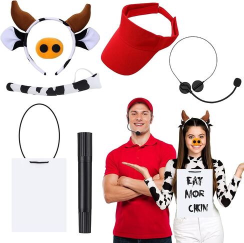 7 Pcs Fast Food Cow Costume Accessories Include Headband Nose Tail Headband Red Sun Hat Marker Pen with Blank Tag for Adults Halloween Cosplay in Saudi Arabia