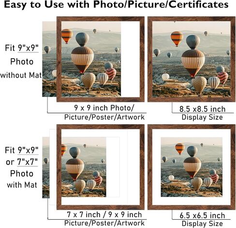 إطار صورة مقاس 9 × 9 مع حصيرة، عرض 7 × 7 مع حصيرة أو 9 × 9 بدون حصيرة، إطارات صور خشبية مربعة 9 × 9 للتعليق على الحائط أو سطح الطاولة، عبوة واحدة، أسود in Saudi Arabia