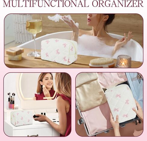 Quilted Makeup Pouch,Cotton Puffy Makeup Bag, Coquette Cosmetic Bag for Women and Girls, Aesthetic Organizer Bag, Cute Flower Travel Toiletry Bag in Saudi Arabia