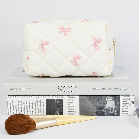 Quilted Makeup Pouch,Cotton Puffy Makeup Bag, Coquette Cosmetic Bag for Women and Girls, Aesthetic Organizer Bag, Cute Flower Travel Toiletry Bag in Saudi Arabia