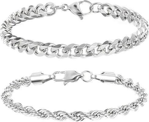 2 PCS Silver Chain Bracelet for Men, Men's Silver Bracelet Chain, Metal Bracelets for Birthdays Father's Day Gift to Men Dad Husbands Boyfriends in Kuwait