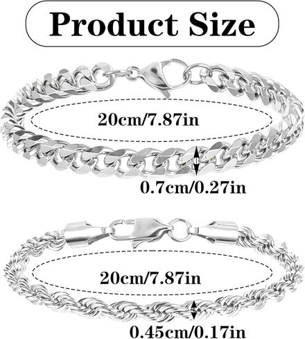2 PCS Silver Chain Bracelet for Men, Men's Silver Bracelet Chain, Metal Bracelets for Birthdays Father's Day Gift to Men Dad Husbands Boyfriends in Kuwait