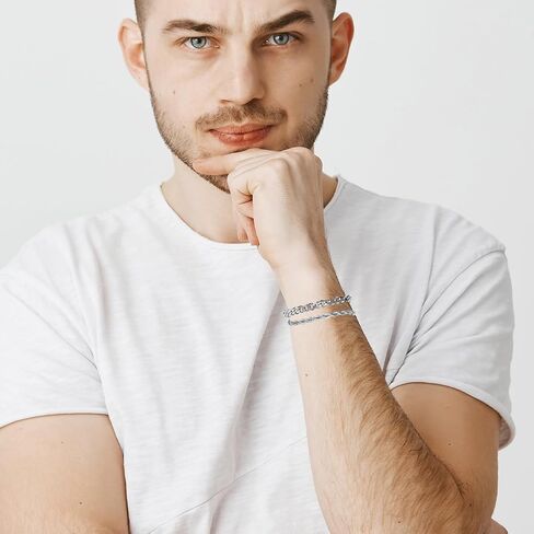 2 PCS Silver Chain Bracelet for Men, Men's Silver Bracelet Chain, Metal Bracelets for Birthdays Father's Day Gift to Men Dad Husbands Boyfriends in Kuwait