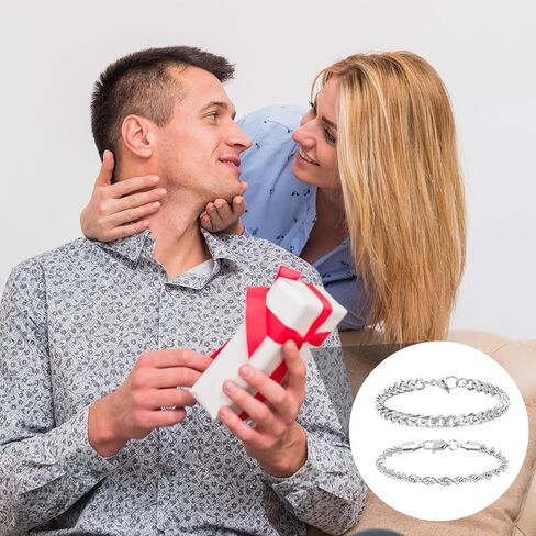2 PCS Silver Chain Bracelet for Men, Men's Silver Bracelet Chain, Metal Bracelets for Birthdays Father's Day Gift to Men Dad Husbands Boyfriends in Kuwait