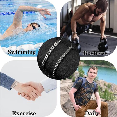 2 PCS Silver Chain Bracelet for Men, Men's Silver Bracelet Chain, Metal Bracelets for Birthdays Father's Day Gift to Men Dad Husbands Boyfriends in Kuwait