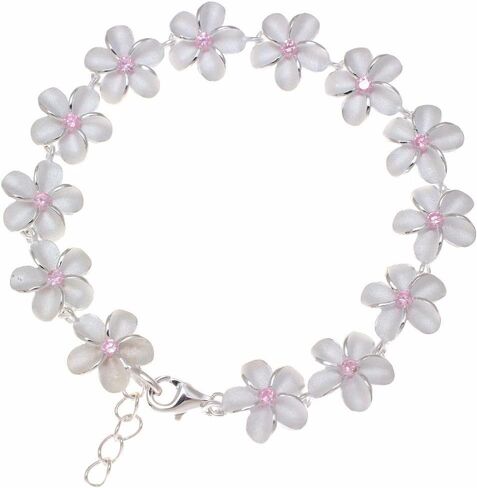 Arthur's Jewelry 925 sterling silver Hawaiian plumeria flower link bracelet pink cz 12mm 7.5" in Saudi Arabia