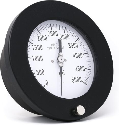PIC Gauges 4504-4RS Front Flanged Lower Back Panel Mount Dry Process Pressure Gauge w/ Black Aluminum Case/Bezel, SS Internals, Plastic Lens, 4.5" Dial, 0/6000 psi Range, 1/4" Male NPT in Kuwait