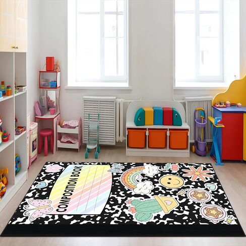 Large Composition Classroom Rug 7.5x12ft Marble and Boho Cover Educational Area Rug Non-Slip Black Composition Notebook Carpet Pastel Play Carpet for Nursery Playroom Teaching Reading Mat in Saudi Arabia