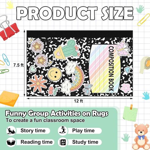 Large Composition Classroom Rug 7.5x12ft Marble and Boho Cover Educational Area Rug Non-Slip Black Composition Notebook Carpet Pastel Play Carpet for Nursery Playroom Teaching Reading Mat in Saudi Arabia