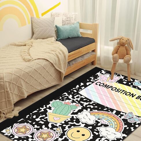 Large Composition Classroom Rug 7.5x12ft Marble and Boho Cover Educational Area Rug Non-Slip Black Composition Notebook Carpet Pastel Play Carpet for Nursery Playroom Teaching Reading Mat in Saudi Arabia