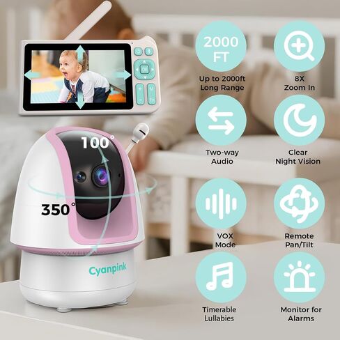 Video Baby Monitor, 2000ft Long Range, Enhanced Signal Stability, No WiFi, 5" HD Screen, 28-Hour 5000mAh, 1080p Camera, Super Clear Night Vision, 2-Way Audio, Cry | Motion Alarm, PTZ in Saudi Arabia