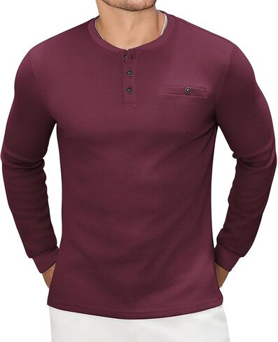 PRIVIMIX Mens Waffle Henley Long Sleeve Cotton Casual T-Shirt Fashion Three Button Pullover with Pocket in Saudi Arabia