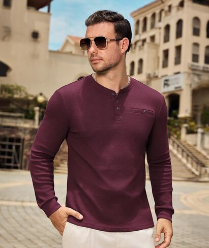 PRIVIMIX Mens Waffle Henley Long Sleeve Cotton Casual T-Shirt Fashion Three Button Pullover with Pocket in Saudi Arabia