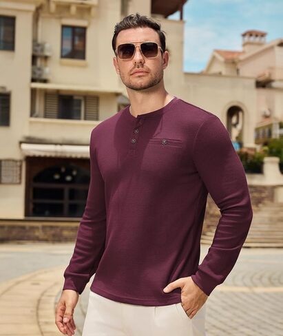 PRIVIMIX Mens Waffle Henley Long Sleeve Cotton Casual T-Shirt Fashion Three Button Pullover with Pocket in Saudi Arabia